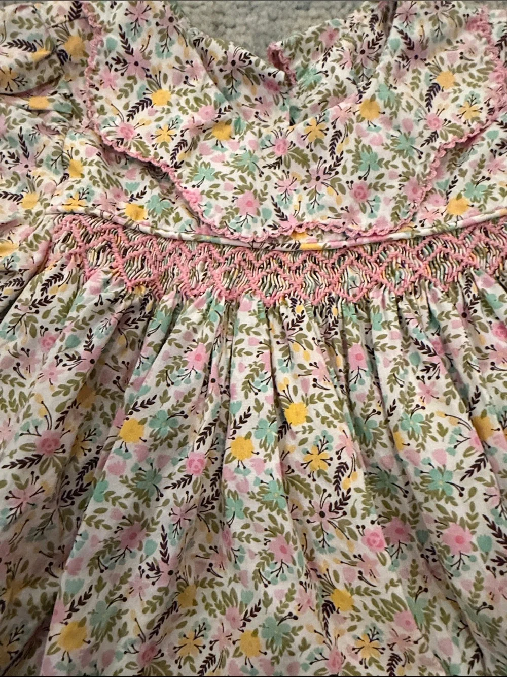 Long-Sleeve Floral Smocked Baby One-Piece - Pink & Yellow